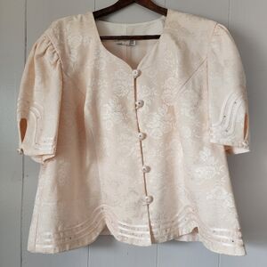 Vintage 90s Karen Miller Floral Brocade Jacket Peach Short Sleeve Size XL